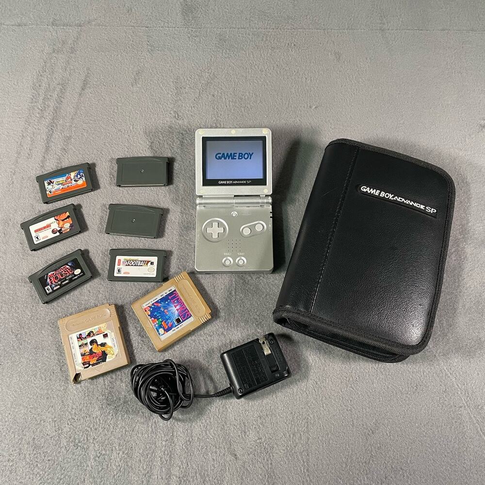 Nintendo Game Boy Advance SP - Silver, Bundle Includes 8 Games, OEM Charge, Case